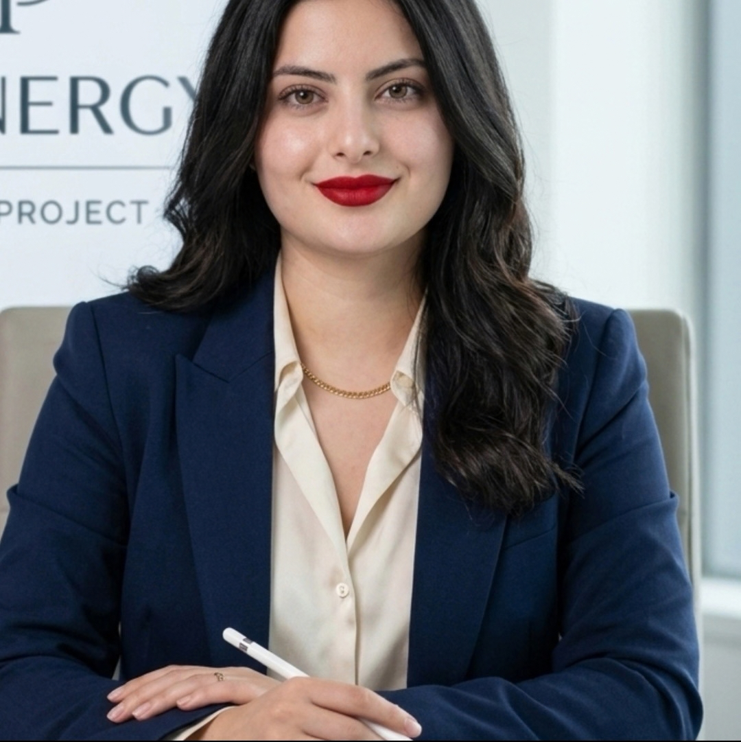 Manal, psychopractitioner and founder of Psynergy, seated and smiling in a navy blazer